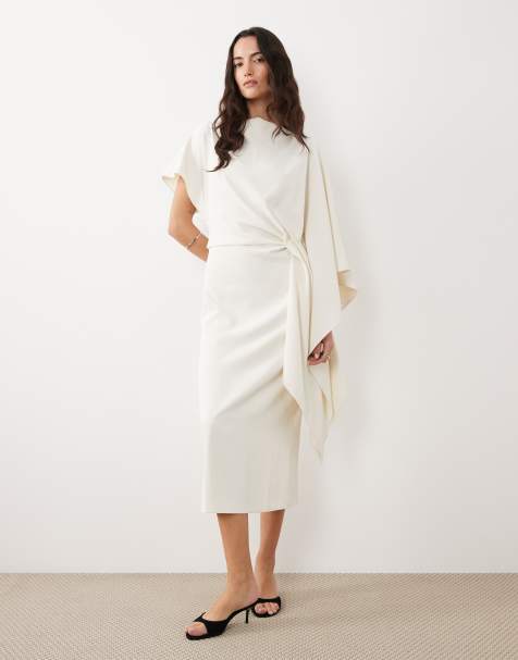 Mango boat neck asymetric sleeve midi dress in off white - view 1