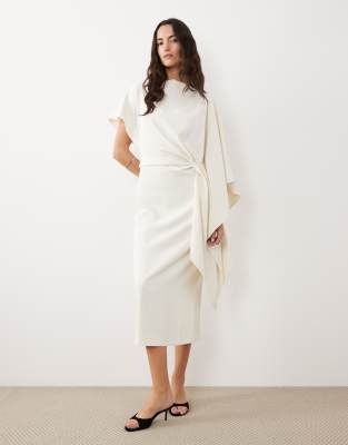 Mango boat neck asymetric sleeves midi dress in off white