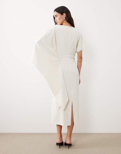 Mango boat neck asymetric sleeves midi dress in off white | ASOS