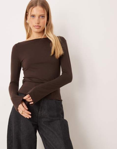 Mango boat neck flared sleeve t-shirt in brown - view 1