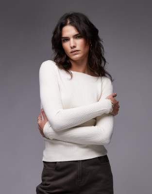 boat neck knit top in white