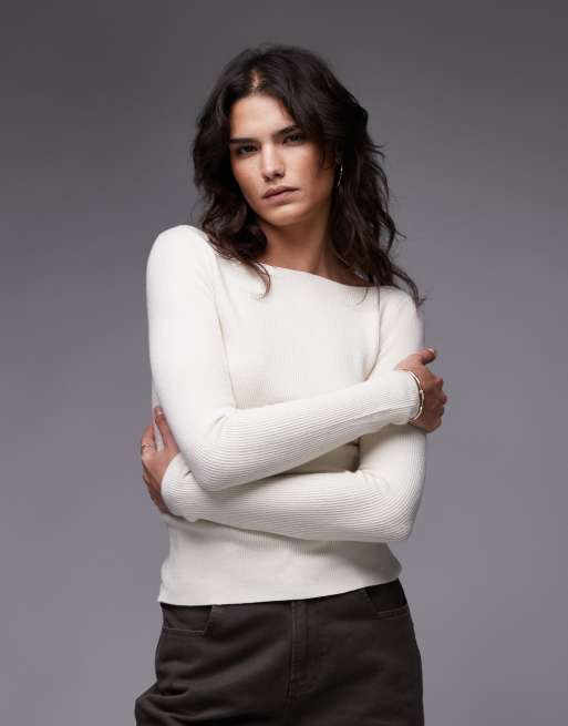 Mango boat neck knit top in white