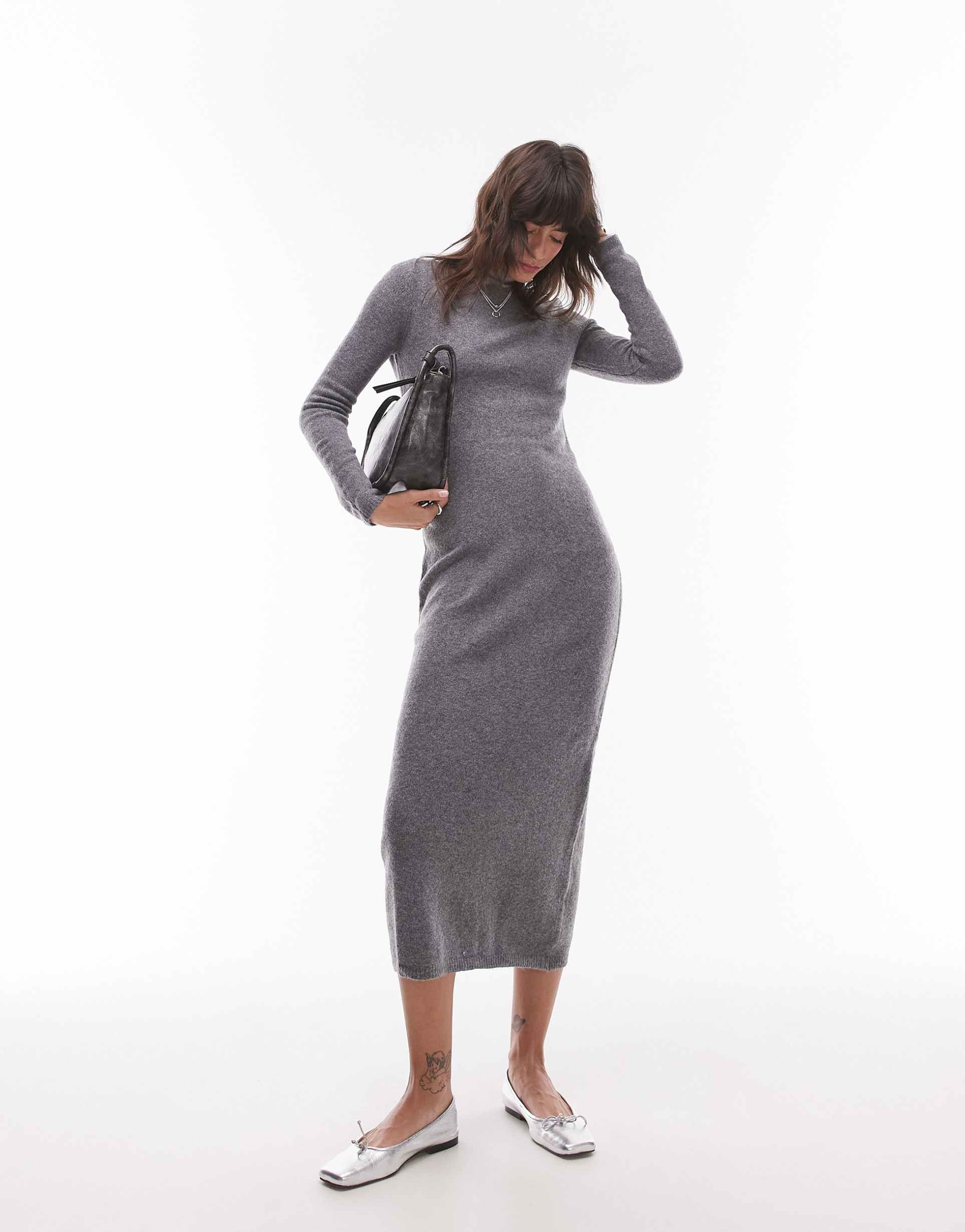 mango boat neck light weight midi dress in gray