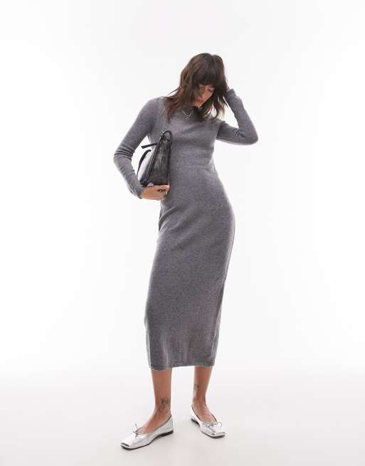 Mango boat neck light weight midi dress in gray