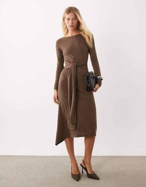 Mango boat neck long sleeve midi dress with tie waist in brown, 2 of 4
