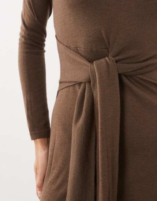 Mango boat neck long sleeve midi dress with tie waist in brown, 3 of 4