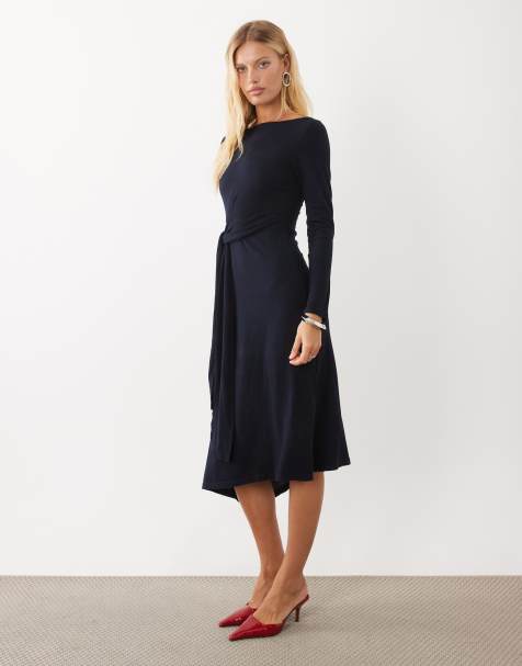 Mango boat neck long sleeve midi dress with tie waist in navy - view 1