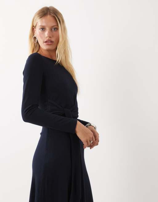 Mango boat neck long sleeve midi dress with tie waist in navy, 2 of 4