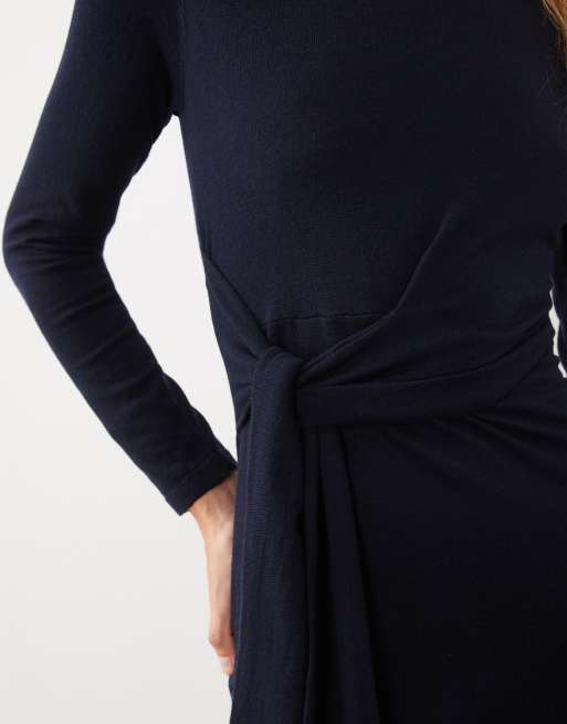 Mango boat neck long sleeve midi dress with tie waist in navy, 3 of 4