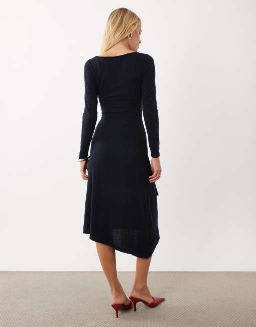 Mango boat neck long sleeve midi dress with tie waist in navy, 4 of 4