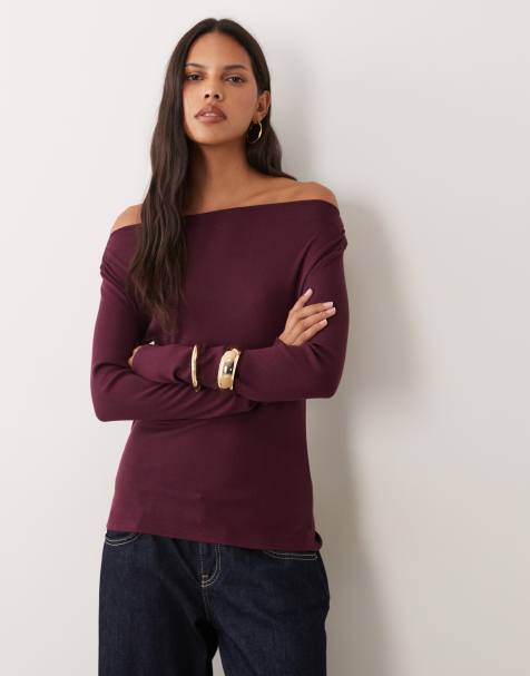 Mango boat neck long sleeve top in burgundy - view 1