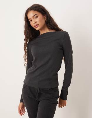 Mango Boat Neck Long Sleeve Top In Gray