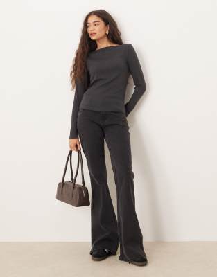 Mango Boat Neck Long Sleeve Top In Gray