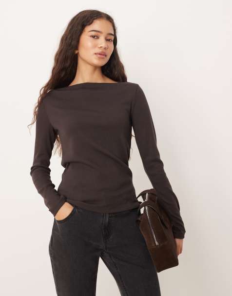 Mango boat neck long sleeve top in dark brown - view 1