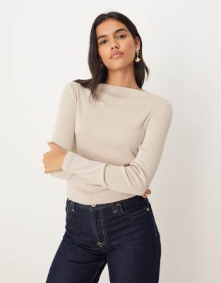 Mango Boat Neck Long Sleeve Top In Brown