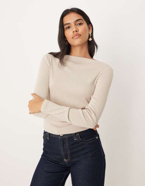 Mango boat neck long sleeve top in light brown - view 1