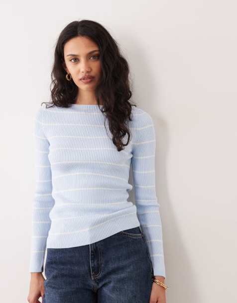 Mango boat neck long sleeve top in pale blue and white stripe