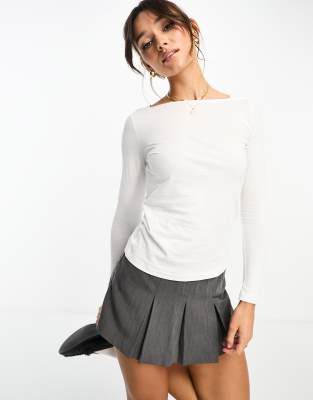 Mango Boat Neck Long Sleeve Top In White