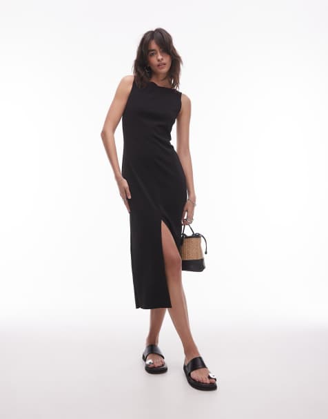 Mango boat neck midaxi dress with from split in black - view 1