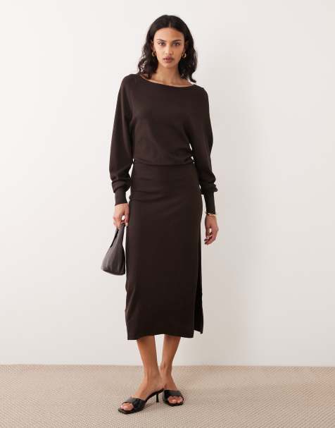 Mango boat neck midi dress in chocolate - view 1