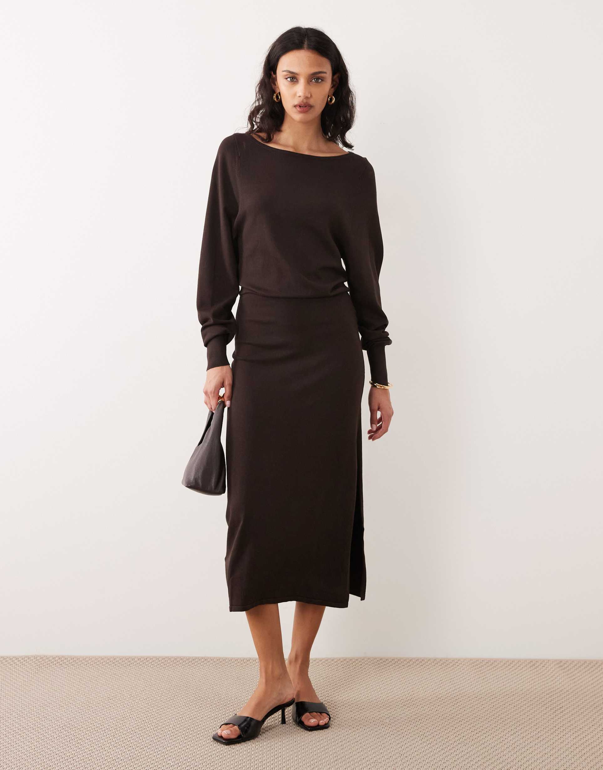 mango boat neck midi dress in chocolate