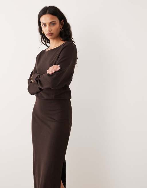 Mango boat neck midi dress in chocolate, 2 of 4