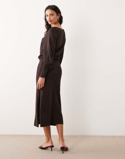 Mango boat neck midi dress in chocolate, 3 of 4