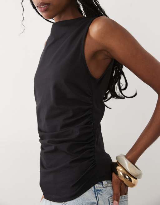 Mango boat neck ruched sleeveless top in black , 2 of 4