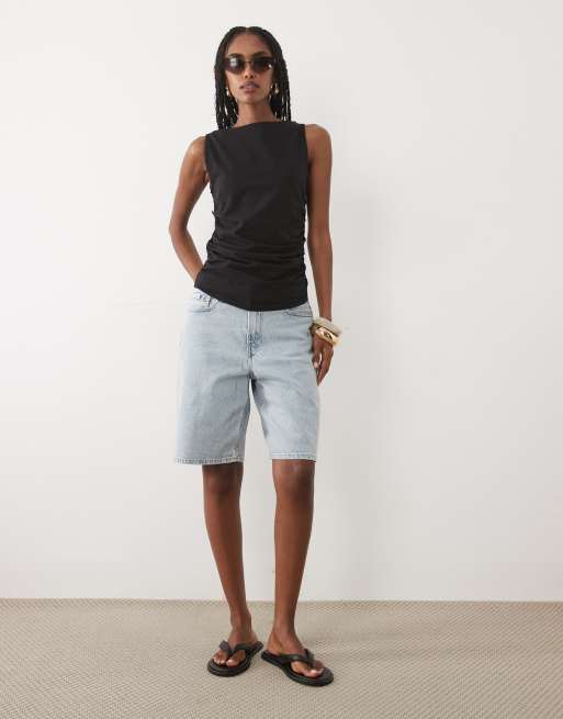 Mango boat neck ruched sleeveless top in black , 3 of 4