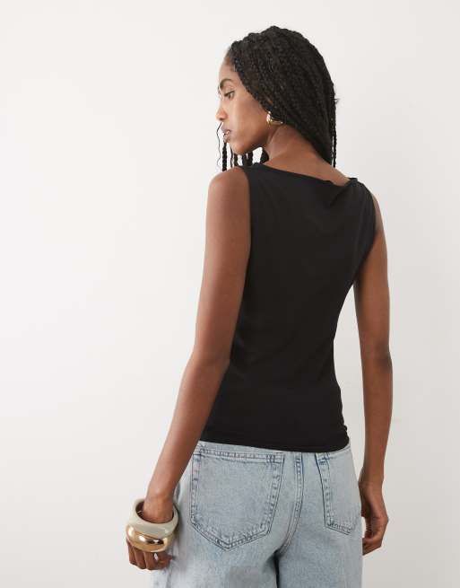 Mango boat neck ruched sleeveless top in black , 4 of 4