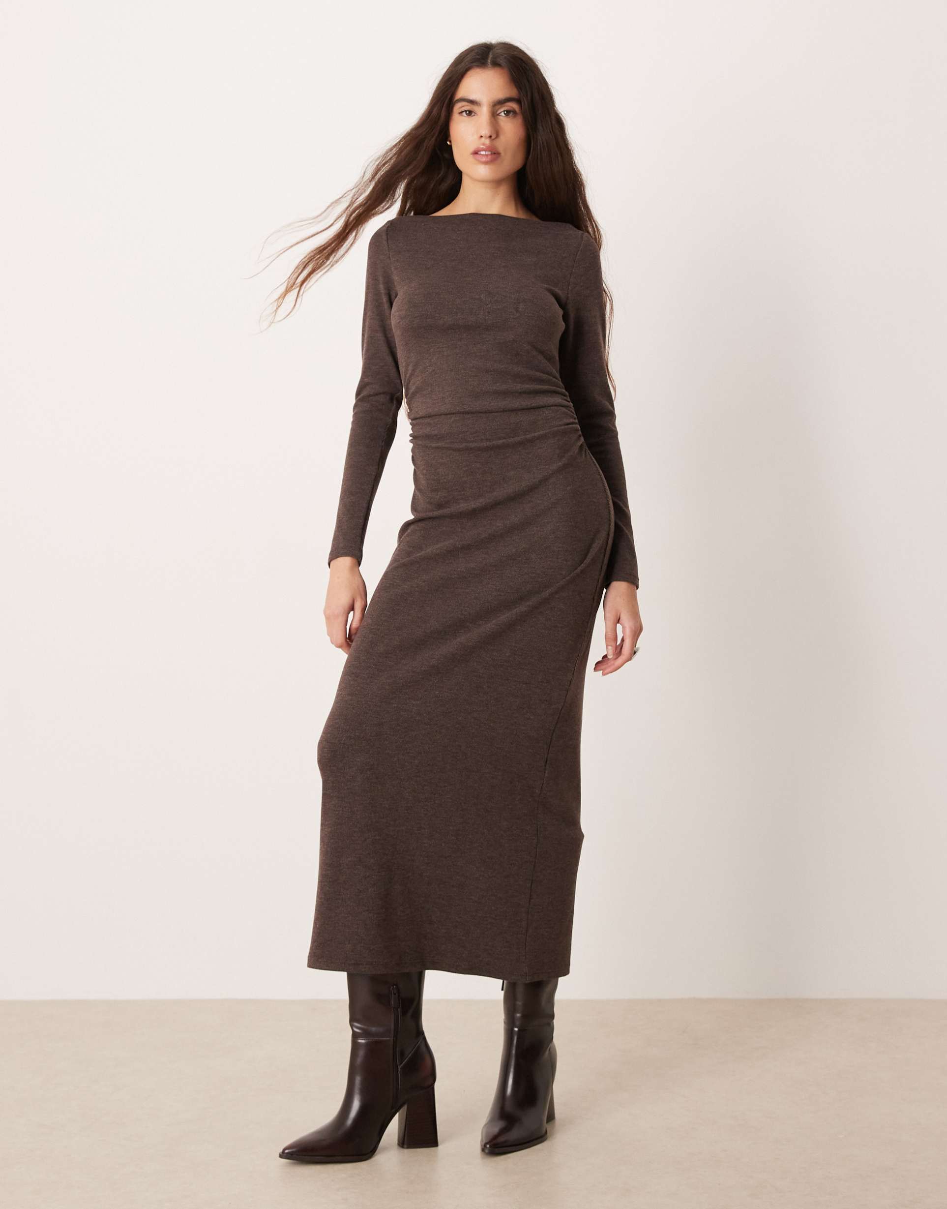 mango boat neck ruched waist long sleeve maxi dress in brown