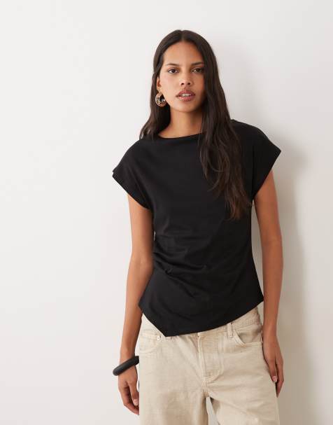 Mango boat neck ruched waist t-shirt in black - view 1