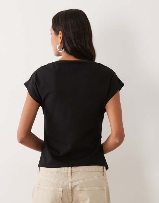 Mango boat neck ruched waist t-shirt in black, 4 of 4