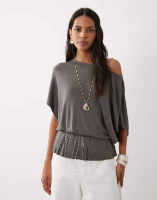 Mango Boat Neck Short Sleeve Knitted Top In Gray