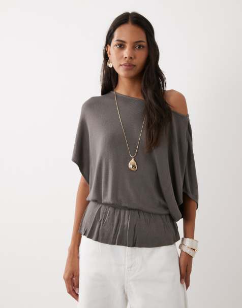 Mango boat neck short sleeve knitted top in grey - view 1