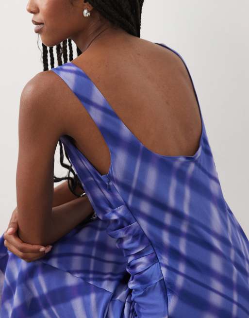 Mango boat neck short sleeve maxi dress in blue check, 3 of 4