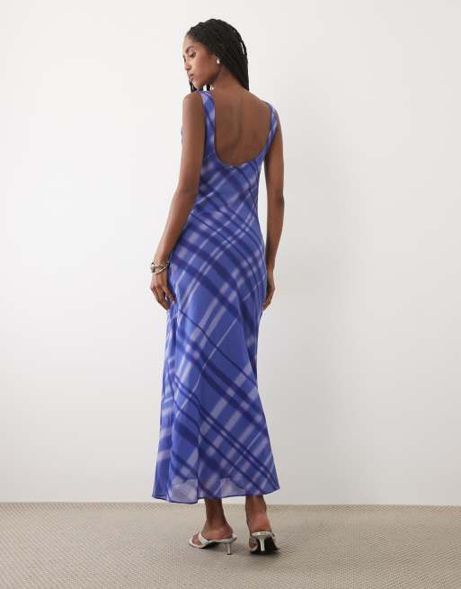 Mango boat neck short sleeve maxi dress in blue check, 4 of 4