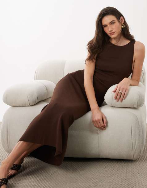 Mango boat neck sleeveless midi dress in dark brown - view 1