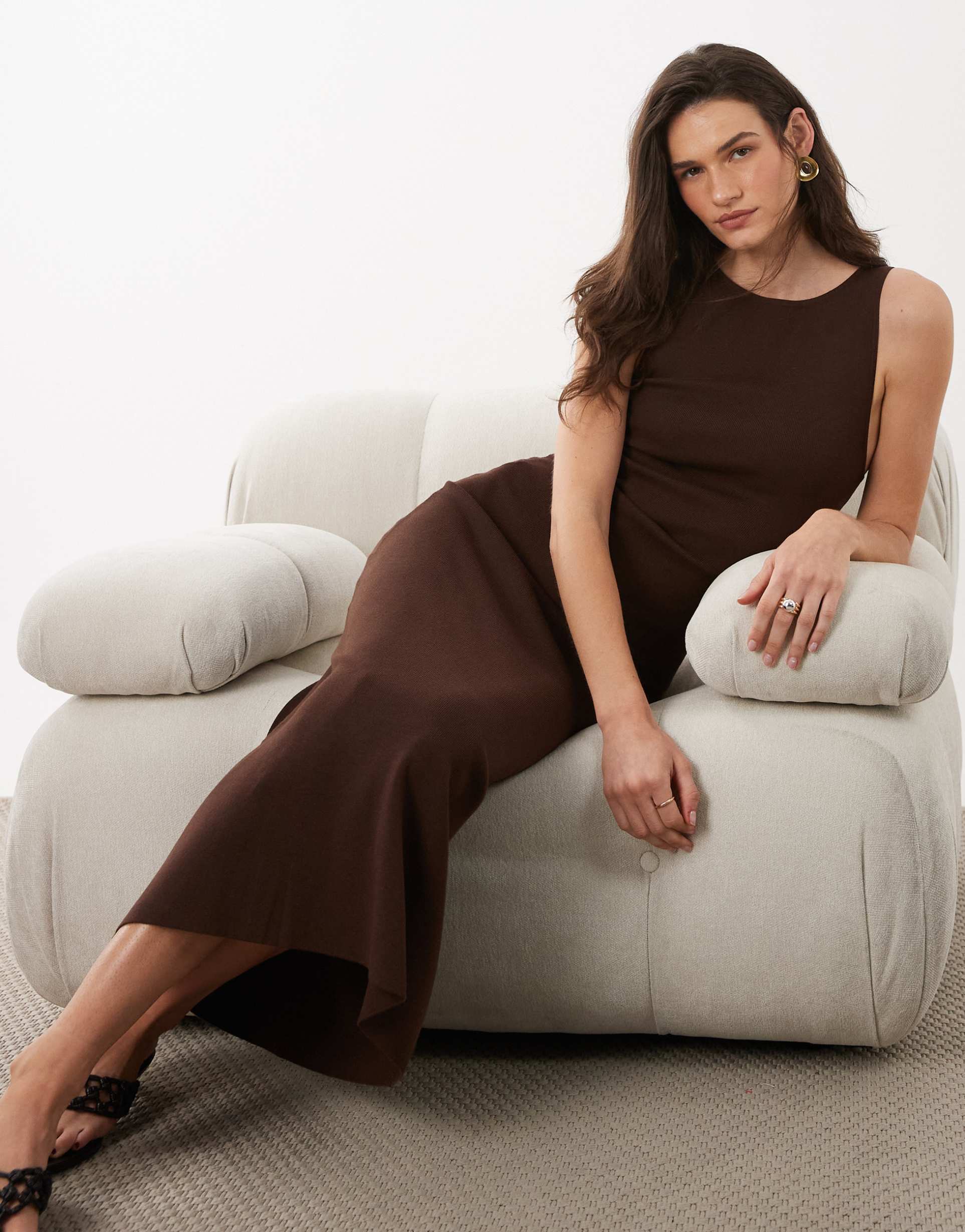 mango boat neck sleeveless midi dress in dark brown