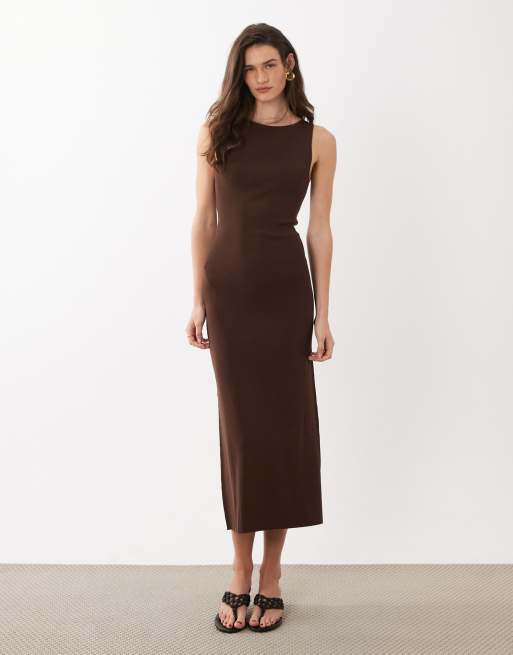 Mango boat neck sleeveless midi dress in dark brown | ASOS