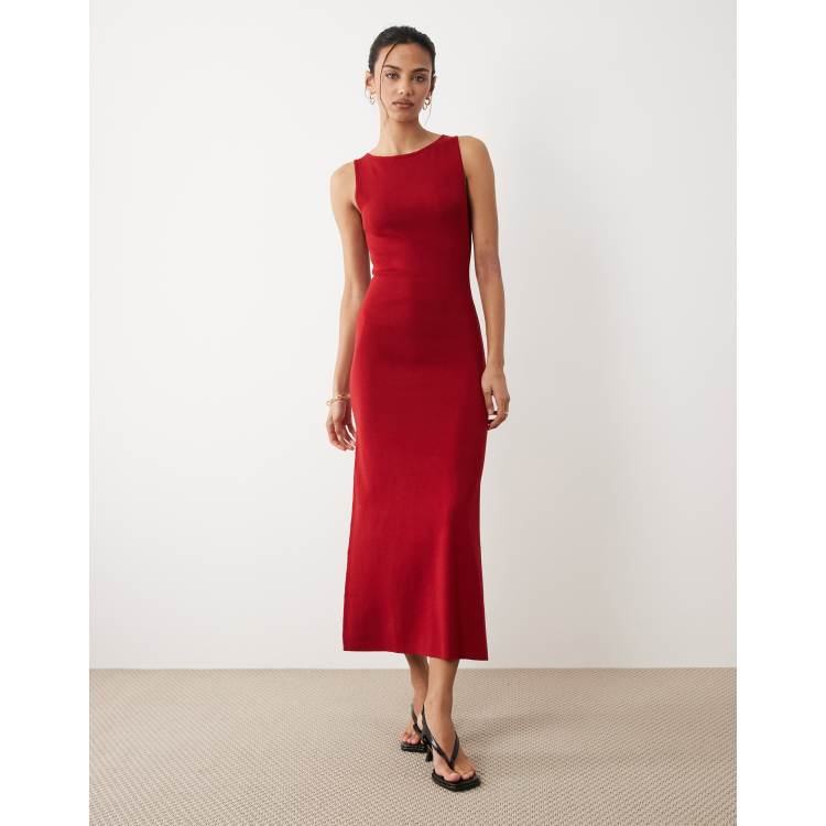 Mango boat neck sleeveless midi dress in red | ASOS