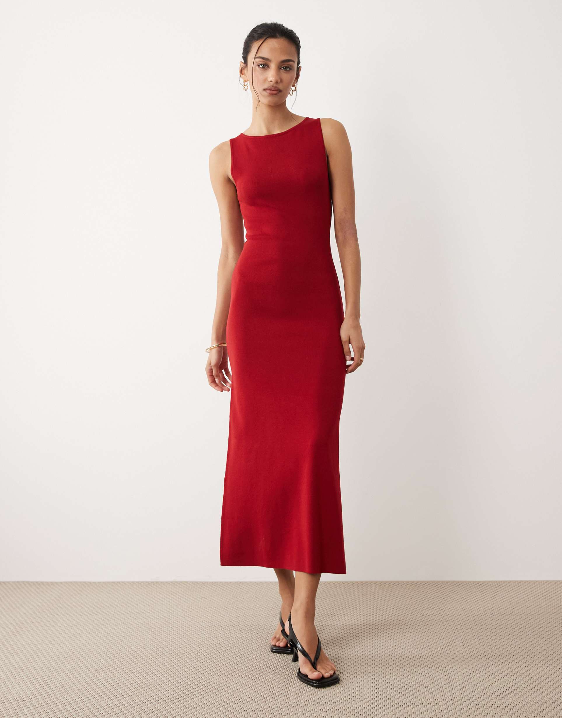 mango boat neck sleeveless midi dress in red