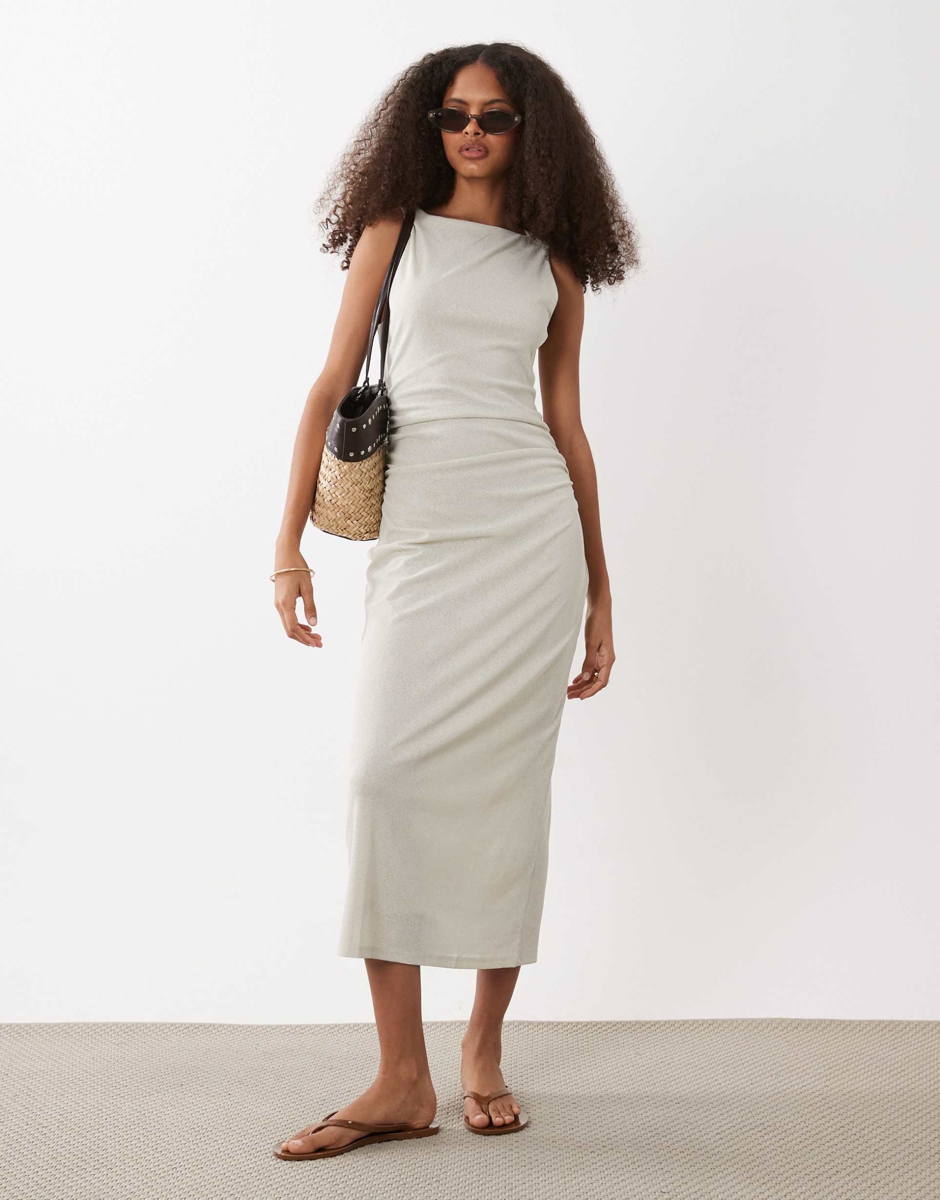 mango boat neck sleeveless midi dress with ruched waist in beige
