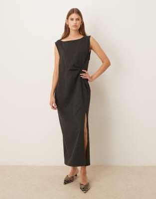 Mango Boat Neck Sleeveless Midi Dress With Slit In Gray