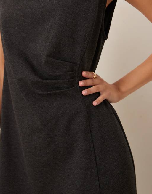 Mango boat neck sleeveless midi dress with slit in charcoal, 2 of 4
