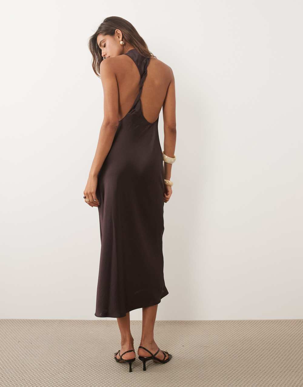 Mango boat neck sleeveless satin midi dress in chocolate brown