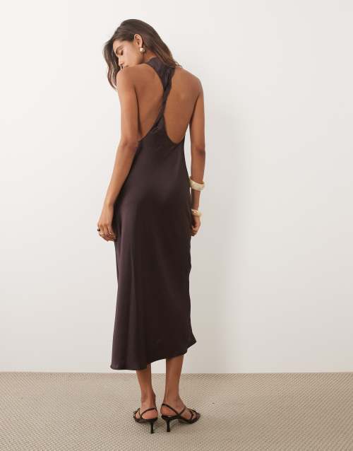 Mango boat neck sleeveless satin midi dress in chocolate brown