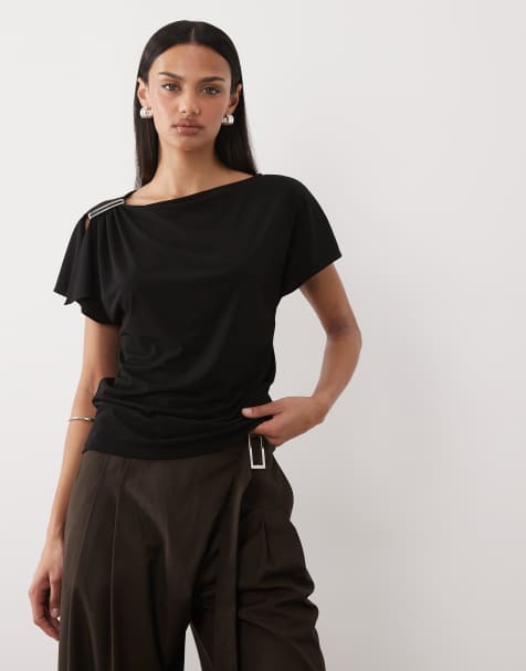 Mango boat neck sleeveless top with hardware shoulder detail in black - view 1