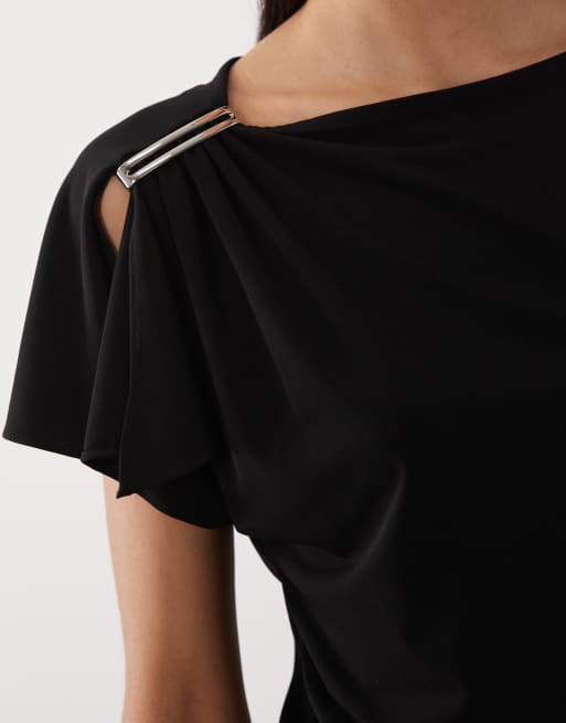 Mango boat neck sleeveless top with hardware shoulder detail in black, 2 of 4