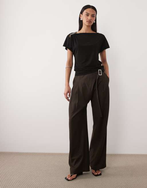 Mango boat neck sleeveless top with hardware shoulder detail in black, 3 of 4